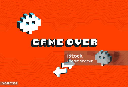 istock Game over screen, old school gaming poster 1438901328