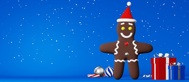 Christmas cookie Gingerbread man in Santa hat snow website banner 3d rendering blue background. Xmas party advertisement. New Year greeting card Festive winter holiday copy space candy cane decoration