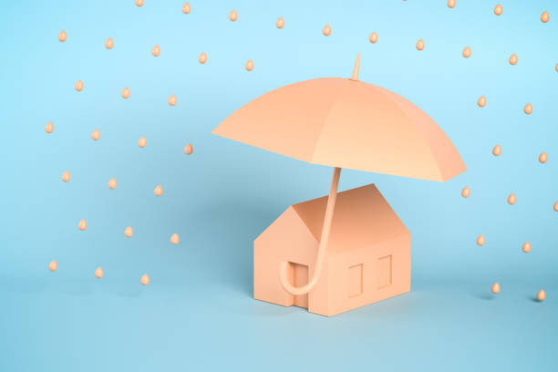 istock Protection or insurance concept: A minimalistic house under an open umbrella protecting it against rain. 1438901439