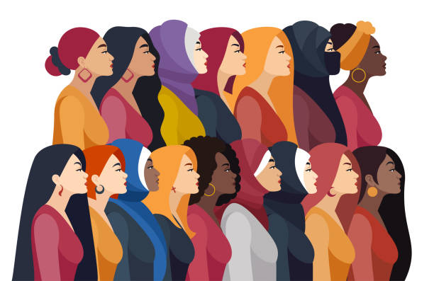 Girl Power. Multi-ethnic group of beautiful women. vector art illustration