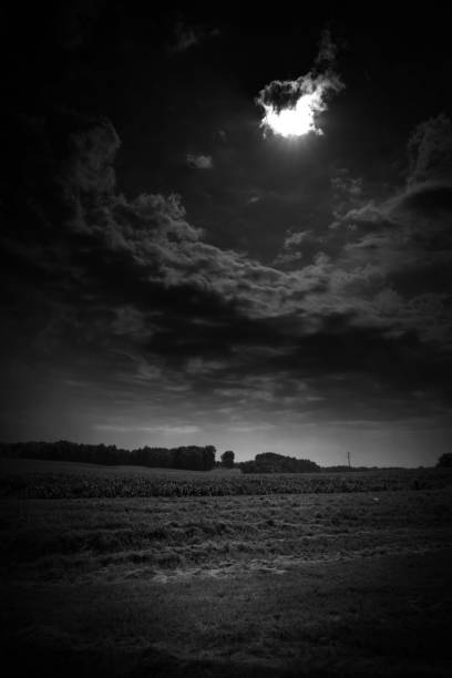 A vertical greyscale shot of the sun covered with storm clouds