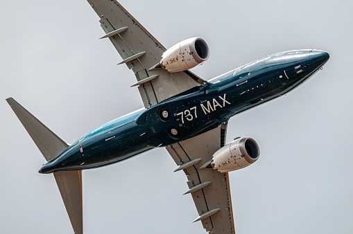 Washington, DC, United States – July 16, 2018: Boeing 737-7 MAX displaying at the Farnborough International Airshow in July 2018