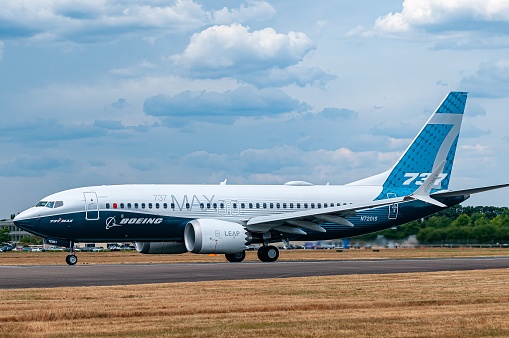Washington, DC, United States – July 16, 2018: Boeing 737-7 MAX displaying at the Farnborough International Airshow in July 2018
