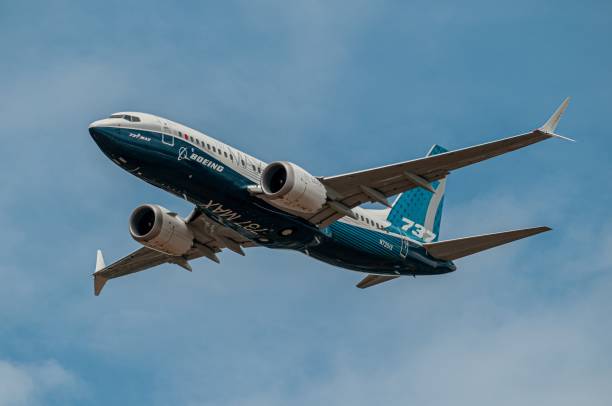Boeing 737-7 MAX, N7201S. Farnborough International Airshow, July 16, 2018 Washington, DC, United States – July 16, 2018: Boeing 737-7 MAX displaying at the Farnborough International Airshow in July 2018 737 stock pictures, royalty-free photos & images