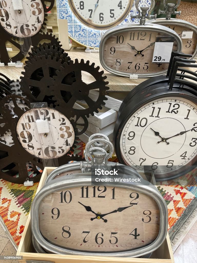 vintage watches, concept of time passing by, a display with a group of vintage watches, concept of time passing by, antique watches imitation, wall clock, vertical Accuracy Stock Photo