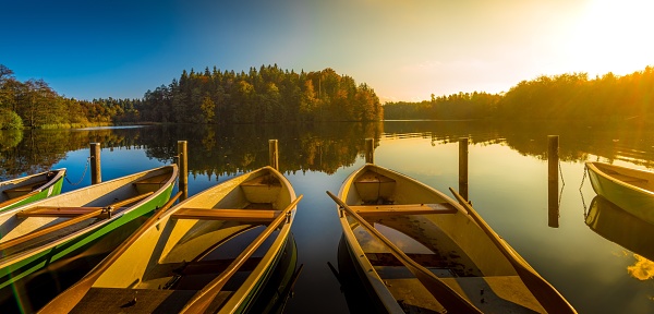 A lake with wooden boats on it surrounded by greenery reflecting on the water during a golden sunset