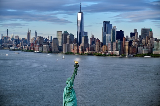 A drone shot of Statue of Liberty and lower Manhattan skyline, New York, USA