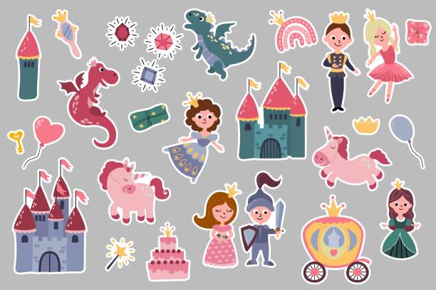 Set of stickers with princesses, prince, knight, castles, unicorns, rainbows, dragons, carriage. Set of stickers with princesses, prince, knight, castles, unicorns, rainbows, dragons, carriage. Hand-drawn illustration. Vector. kid stickers stock illustrations