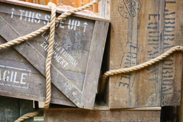 istock Wooden box with text written on them and ropes around them 1438909076