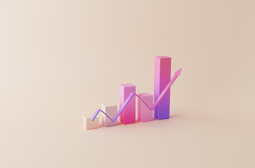 Computer generated 3D graphs in a stylised environment. Conceptual graph displaying the analytics and trends of a conceptual business.