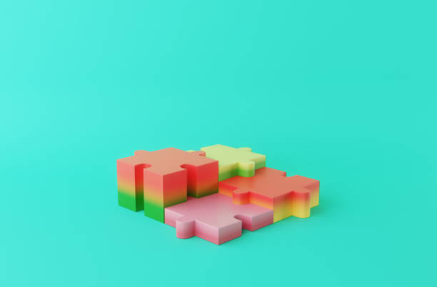 Computer generated 3D graph in the shape of puzzle pieces, in a stylised environment. Conceptual graph displaying the analytics and trends of a conceptual business.