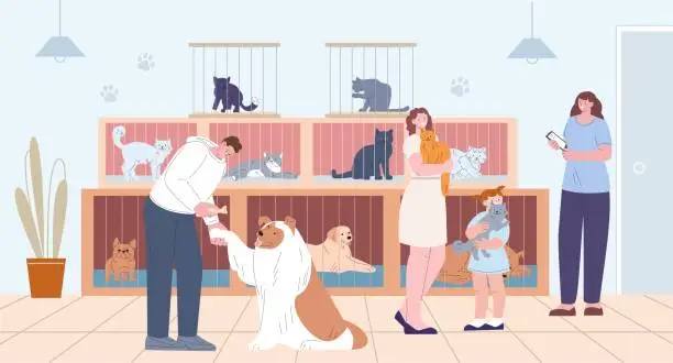 Vector illustration of Pets adoption from animal shelter. People hold kitten and dog. Flat cartoon cats and dogs in cages. Volunteer adopted puppy, kicky care vector concept