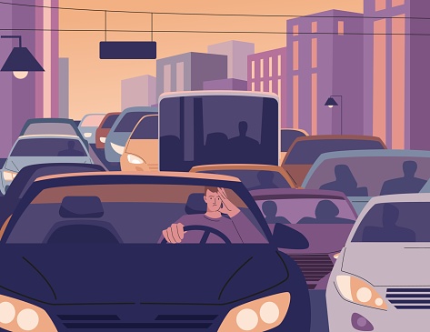 Tired man driving city traffic jam at evening. After work day, sleepy driver in car on road. Fatigue male in auto, urban environment problems kicky vector scene of city traffic jam illustration