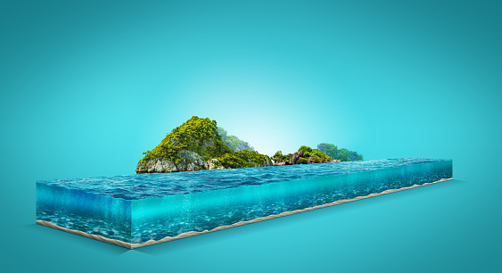 3d illustration of ocean isolated with clouds. Travel and vacation background. beautiful Surfing waves with underwater scene isolated. tropical beach road isolated. Travel and vacation background.