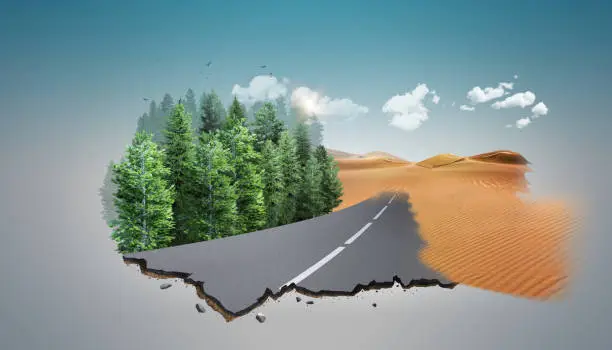 Photo of 3d illustration of infinity road with landscape. desert off road with clouds or never ending off road design advertisement. piece of green land isolated, creative travel and tourism off-road design.