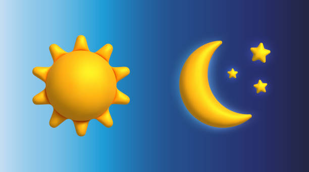 illustrazioni stock, clip art, cartoni animati e icone di tendenza di set di stile 3d vettoriale di semplice illustrazione gialla del sole e della luna su sfondo blu del cielo - sequenza giorno e notte