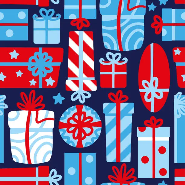 Vector illustration of Many gifts boxes and presents on blue background. Celebration. Seamless pattern, vector.