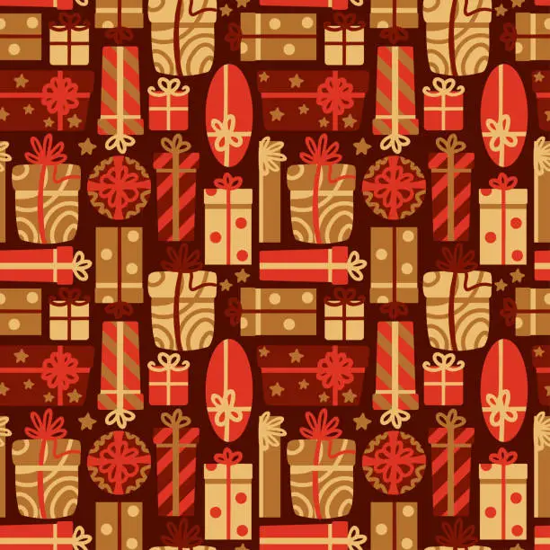 Vector illustration of Many gifts boxes on brown background. Celebration.