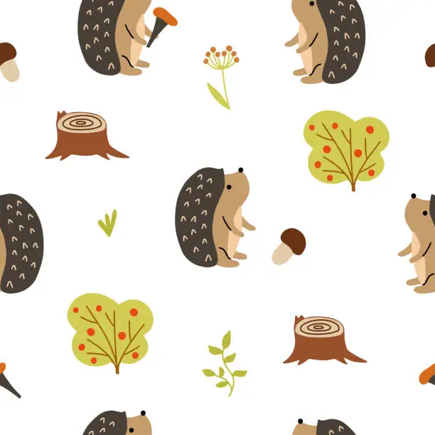 Vector illustration of Cute seamless pattern with hedgehog, mushrooms and trees. Hand drawn vector illustration for your design.