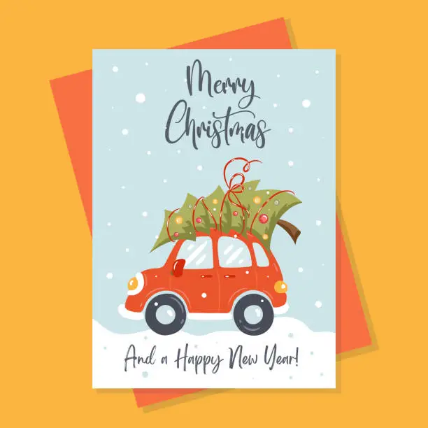 Vector illustration of Merry christmas and happy new year greeting card with cute retro car with christmas tree on the roof. Postcard, poster, invitation template. Vector illustration