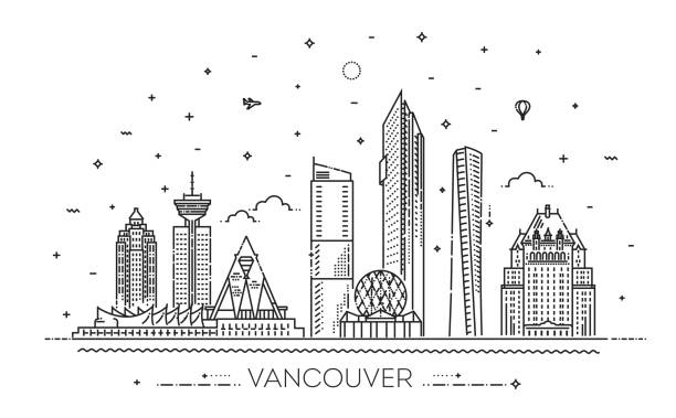 ilustrações de stock, clip art, desenhos animados e ícones de canada, vancouver architecture line skyline illustration - canadian culture illustrations