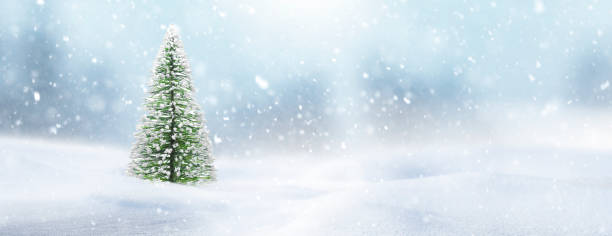 istock Christmas tree in snow landscape during snowfall 1438918264