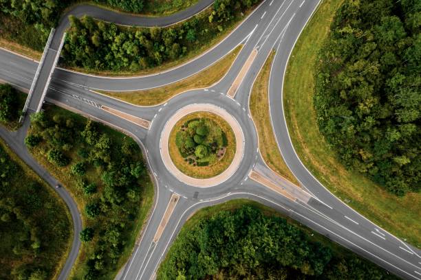 istock Aerial drone shot of an empty roundabout 1438918633