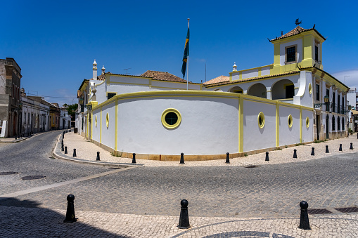 Faro, Portugal - July 02, 2022: Beautiful Brazilian consulate in the old town of the walled city of Faro in the Algarve region of POrtugal.
