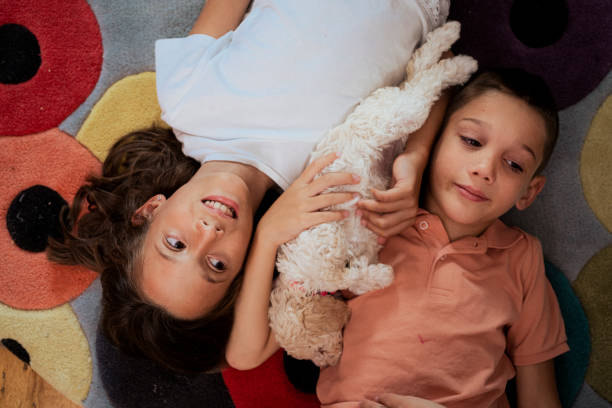 istock Happy kids with dog at home 1438920634