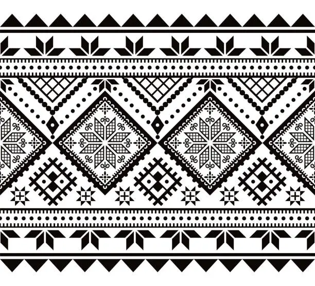 Vector illustration of Ukrainian seamless vector pattern - Hutsul Pysanky (Easter eggs) folk art style design with stars and geometric shapes in black and white