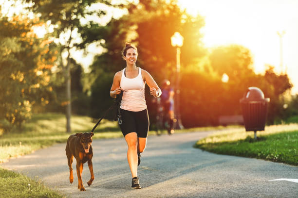 istock runner and dog on field under golden sunset sky in evening time. 1438926367