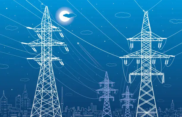 Vector illustration of High voltage transmission systems. Electric pole. Power lines. A network of interconnected electrical. White otlines on blue background. Vector design illustration