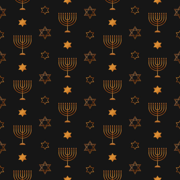 Seamless pattern for Hanukkah Jewish holiday. Festive seamless pattern with many golden candlesticks and stars of David on the black background for Hanukkah Jewish holiday. Luxury texture for banner, wallpaper, card or poster. magen david adom stock illustrations