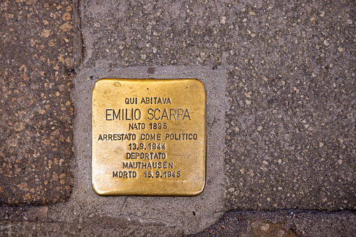 Venice, Italy - October 8th 2022:  The stumbling blocks are small memorials for jew killed during the Nazi regime. The blocks are placed in front of the house, where the victims used to live. This one is from the center of the old and famous Italian city Venice