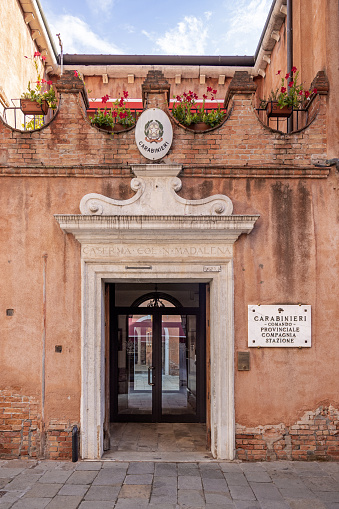 Venice, Italy - October 10th 2022: Entrance to a Italian police station, the Carabinieri, in the center of the old and famous Italian city Venice