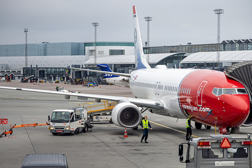 Copenhagen Airport, Denmark - October 5th 2022:  A Boeing 737-800 from the Norwegian airline company in Copenhagen Airport