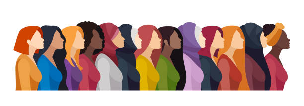 stockillustraties, clipart, cartoons en iconen met girl power. banner with multi-ethnic group of beautiful women. - onafhankelijkheid begrip