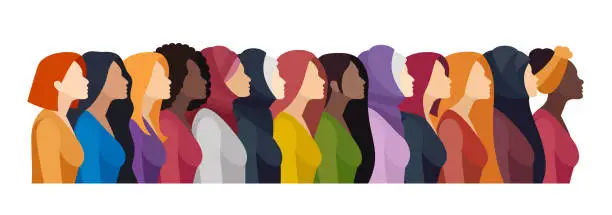 Vector illustration of Girl Power. Banner with Multi-ethnic group of beautiful women.