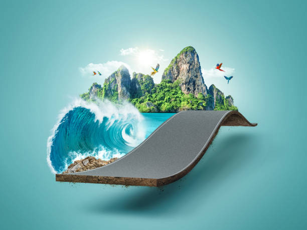 istock 3d illustration of tropical road isolated. road with beach creative design. 1438939049