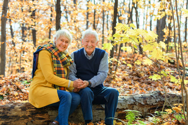 istock Beautiful Elderly couple embracing in autumn park 1438940012