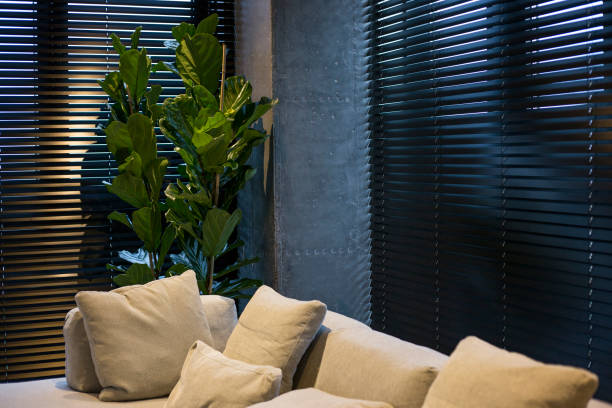 Wood blinds black colour automatic in the interior