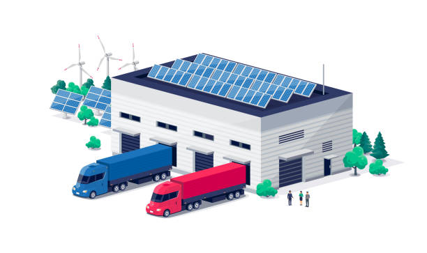 ilustrações, clipart, desenhos animados e ícones de centro logístico do armazém com processo de descarga de semi-caminhões e painéis solares - central de energia solar