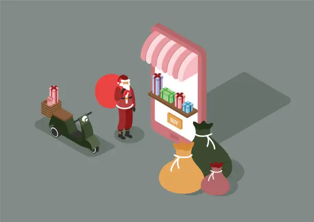 Vector illustration of Christmas Online Shopping and Delivery with Smartphone