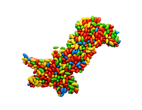 Pakistan Map Sign, Jellybeans Yummy sweets Colorful jelly Icon Logo Symbol, 3d illustration