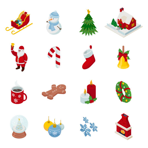 ilustraciones, imágenes clip art, dibujos animados e iconos de stock de set isométrico de navidad - christmas holiday vacations candy cane