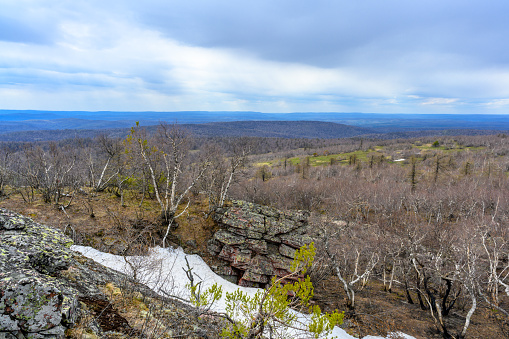 South Ural Mountains with a unique landscape, vegetation and diversity of nature in spring.