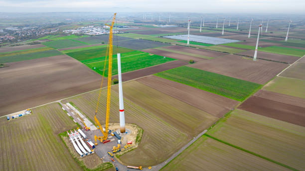 istock Wind turbine, construction site - aerial view 1438946438