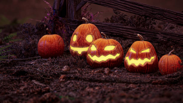 istock Pumpkin Smiling in Halloween Forest. 3D Scene. 1438947204