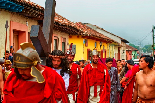 San Cristobal de las Casas, Mexico – April 19, 2019: Catholic religious procession that happens during Easter (Semana Santa) and it represents different fragments of the Bible.