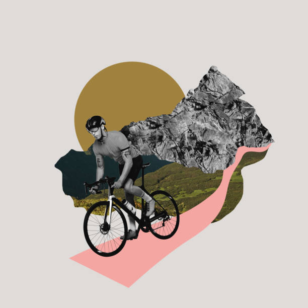 Contemporary art collage. Creative design in retro style. Young sportive man riding bike on beautiful nature view of mountain stock photo